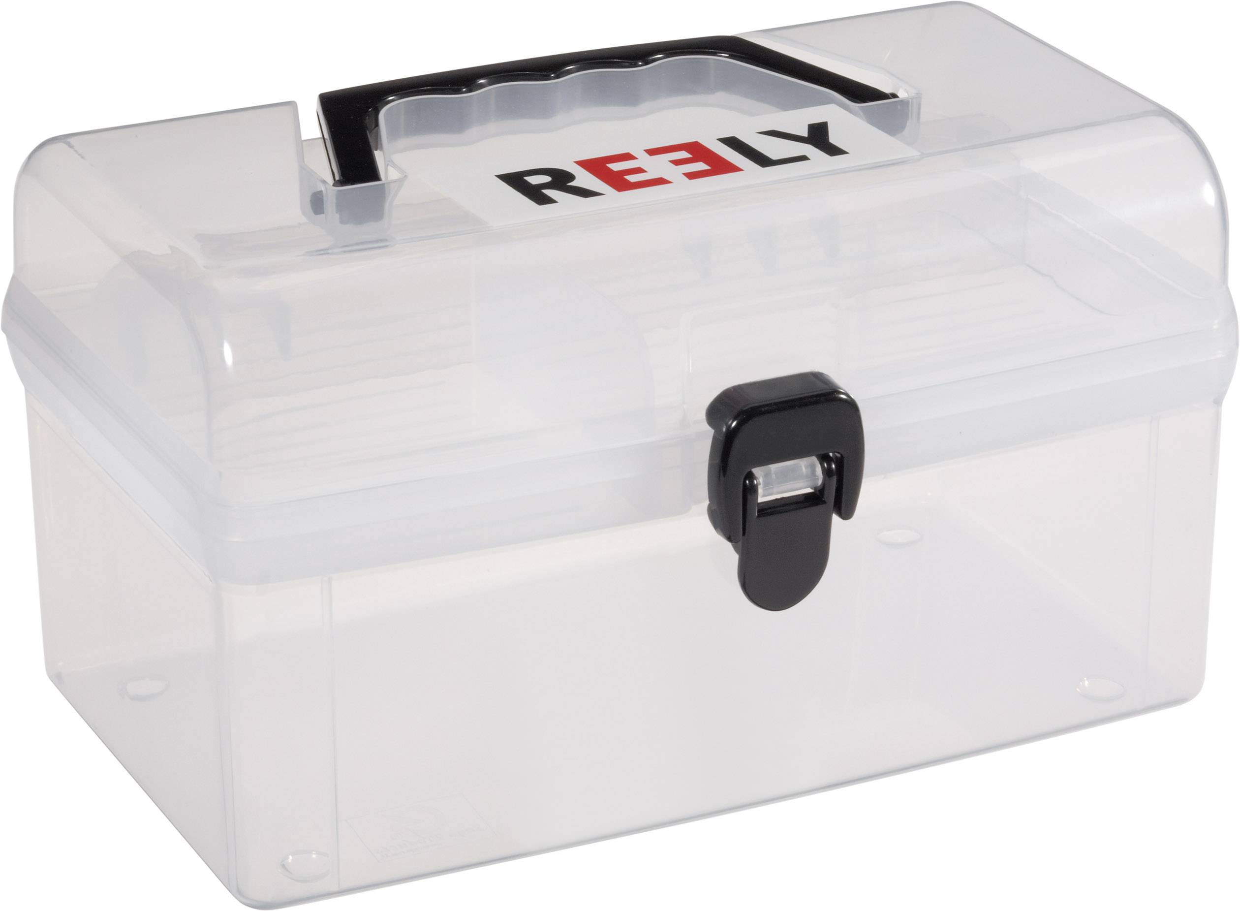 Boîte de rangement transparente avec poignée et fermeture noires, logo de marque en haut.