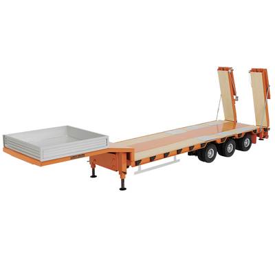 Remorque plateau à trois essieux, avec béquille déployée et rampe rabattable, adaptée au transport de marchandises lourdes.