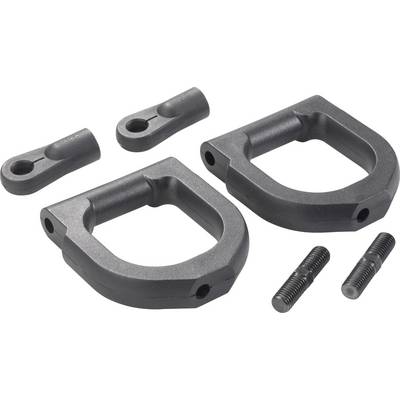 Pièces métalliques noires et vis d'un mécanisme de connexion, incluant deux pinces rectangulaires et deux goupilles cylindriques.