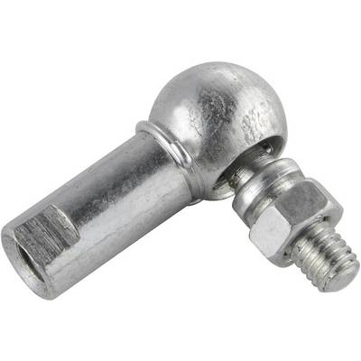 Un boulon articulé en métal argenté avec rotule et filetage, utilisé pour connecter des pièces mobiles.