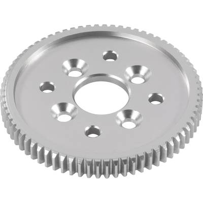 Roue dentée en métal, ronde, avec cinq trous au centre, et de nombreuses petites dents le long de sa périphérie.