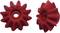 Deux pièces en plastique rouge en forme d'étoile avec un trou central, probablement des composants ou un jouet.