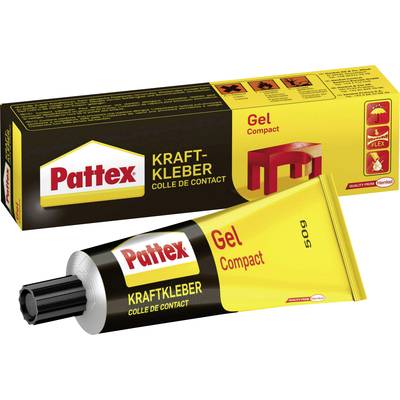 'Pattex Colle Gel Compact' : Sur un carton sont posés un tube de colle et son emballage portant l'inscription 'pour matériaux flexibles'.