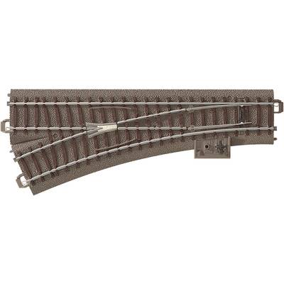 Des rails de chemin de fer en plastique brun avec des tronçons de rails argentés, indiquant un branchement vers la droite.