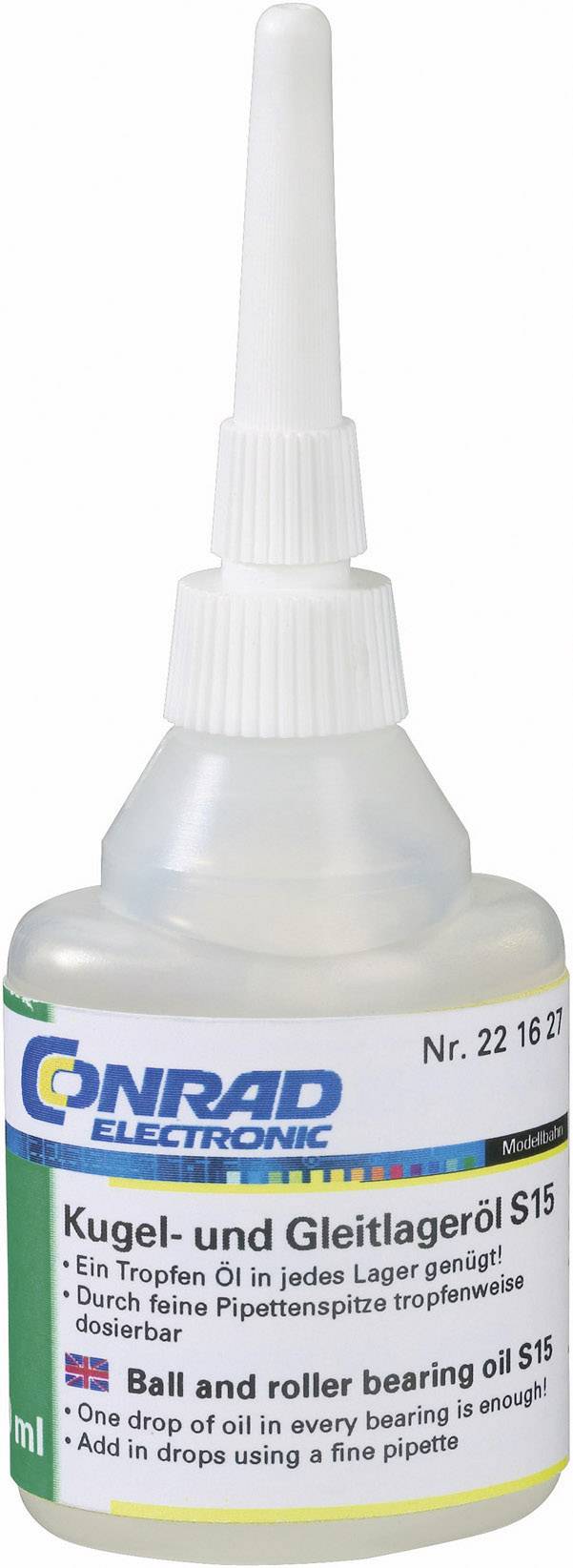 Bouteille d'huile pour roulements et paliers S15 de Conrad Electronic, 50 ml, avec embout de pipette fin pour un dosage goutte à goutte.