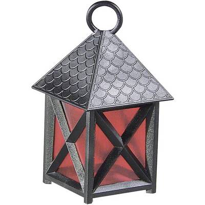 Une petite lanterne décorative au cadre noir et aux panneaux de verre rouges, parfaite pour un éclairage d'ambiance à l'intérieur comme à l'extérieur.