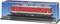 Un modèle rouge d'une locomotive électrique, protégé dans un boîtier en plastique transparent, visible sur un socle noir.