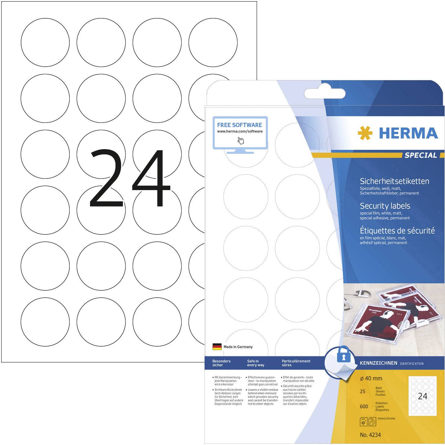Herma 4234 Etiquette de sécurité Ø 40 mm film blanc 600 pc(s) fixation permanente imprimante laser, photocopieuse, inscr-0
