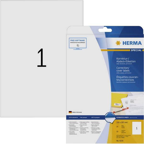 Herma 4230 Etiquette de correction, Etiquette couvrantes 210 x 297 mm papier blanc 25 pc(s) fixation permanente  imprimante à jet d'encre, imprimante laser, imprimante laser couleur, photocopieuse, photocopieuse couleur, inscription à main