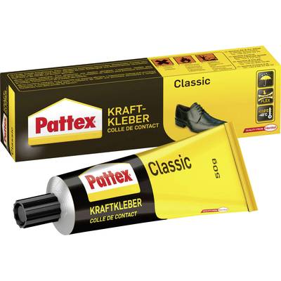 Un tube jaune de colle 'Pattex Classic Kraftkleber' avec son emballage correspondant montre une image de chaussure. Adapté pour les applications flexibles.