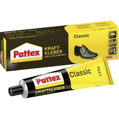Tube et emballage de 'Pattex Kraftkleber Classic'. Adapté au cuir, résistant à la chaleur et au froid comme illustré.