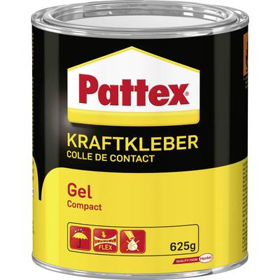 Colle 'Pattex Kraftkleber Gel Compact' en boîte de 625g, design en jaune et noir, informant sur sa flexibilité et son imperméabilité.