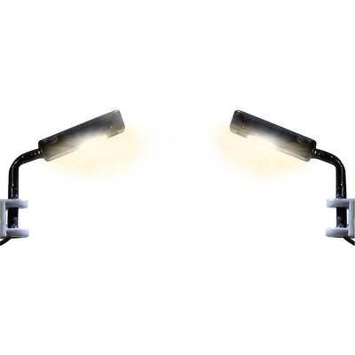 Deux lampes de lecture noires avec lumière blanche, montées sur des bras incurvés symétriques, fixés à des supports blancs.