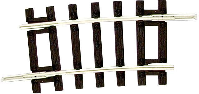 Un tronçon de voie ferrée miniature courbé avec des traverses sombres et des rails argentés, faisant partie d'un réseau de train miniature.