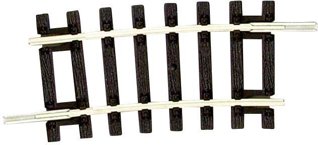 Rail de train miniature avec un virage prononcé vers la droite, composé de traverses noires et de rails argentés.