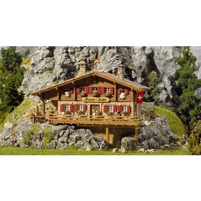 Un chalet alpin miniature portant l'inscription 'Moser-Hütte', entouré de rochers et d'arbres, avec un drapeau suisse.
