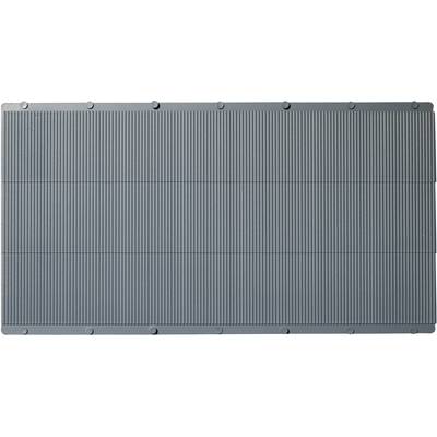 Couvercle en plastique gris, rectangulaire, strié, avec des trous de vis visibles sur les bords.