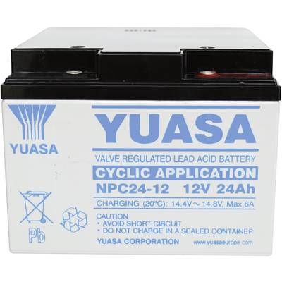 Une batterie au plomb Yuasa, modèle NPC24-12, 12V 24Ah, avec les avertissements 'Éviter les courts-circuits' et 'Ne pas charger dans des espaces confinés'.