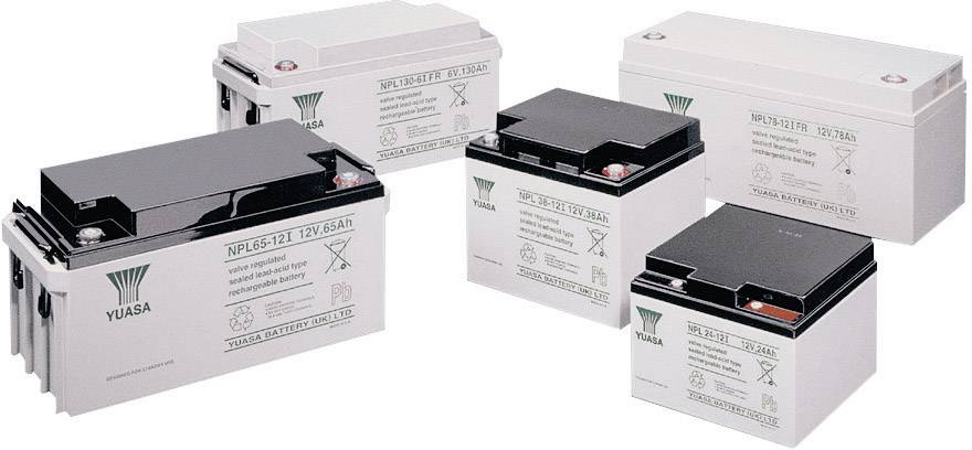 Cinq batteries Yuasa de différentes tailles, disposées côte à côte. Elles ont des boîtiers blancs avec des couvercles noirs.