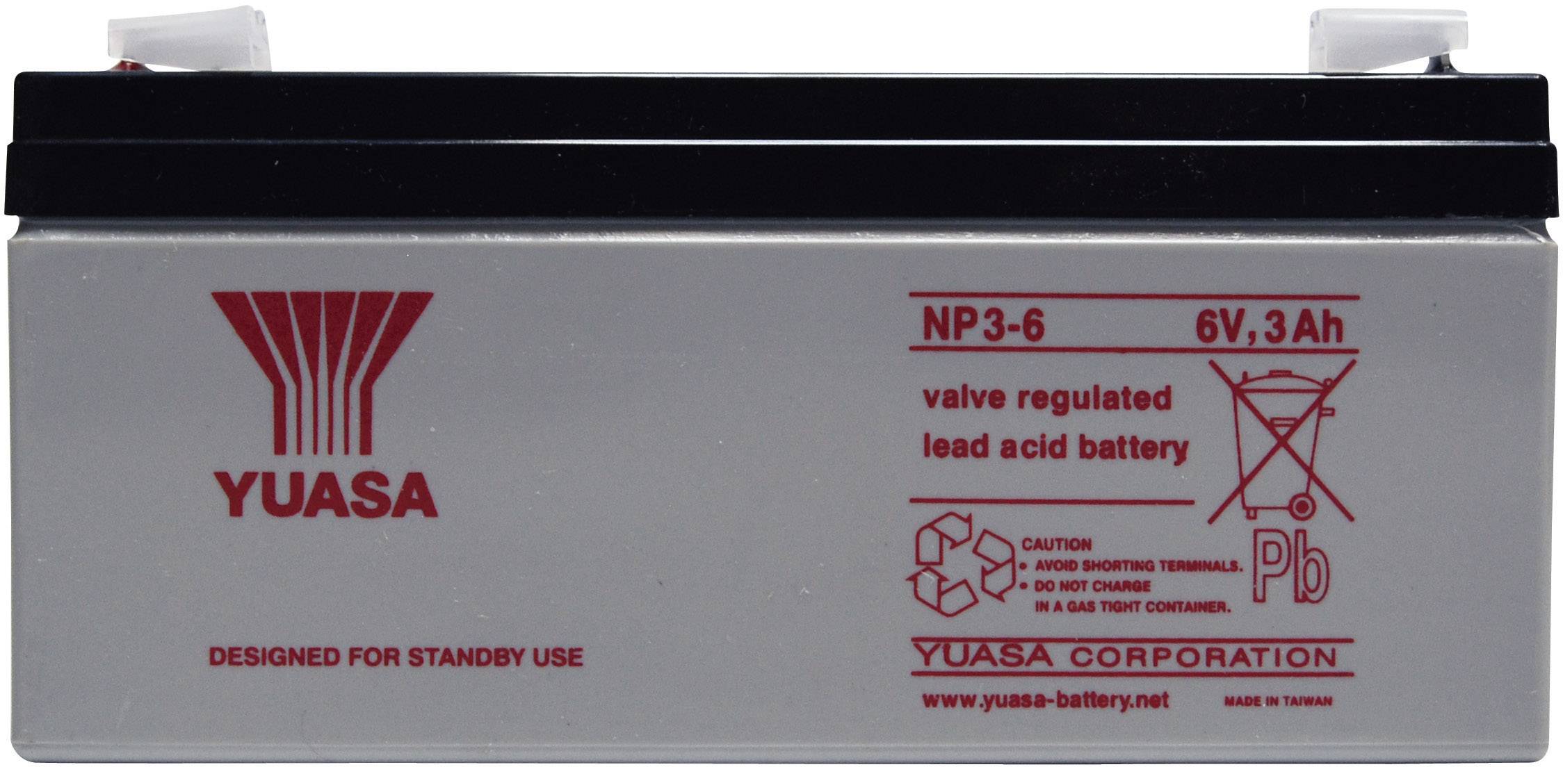 Batterie grise avec des inscriptions rouges de la marque Yuasa, modèle NP3-6, 6V, 3Ah. Adaptée pour une utilisation en veille, batterie au plomb.