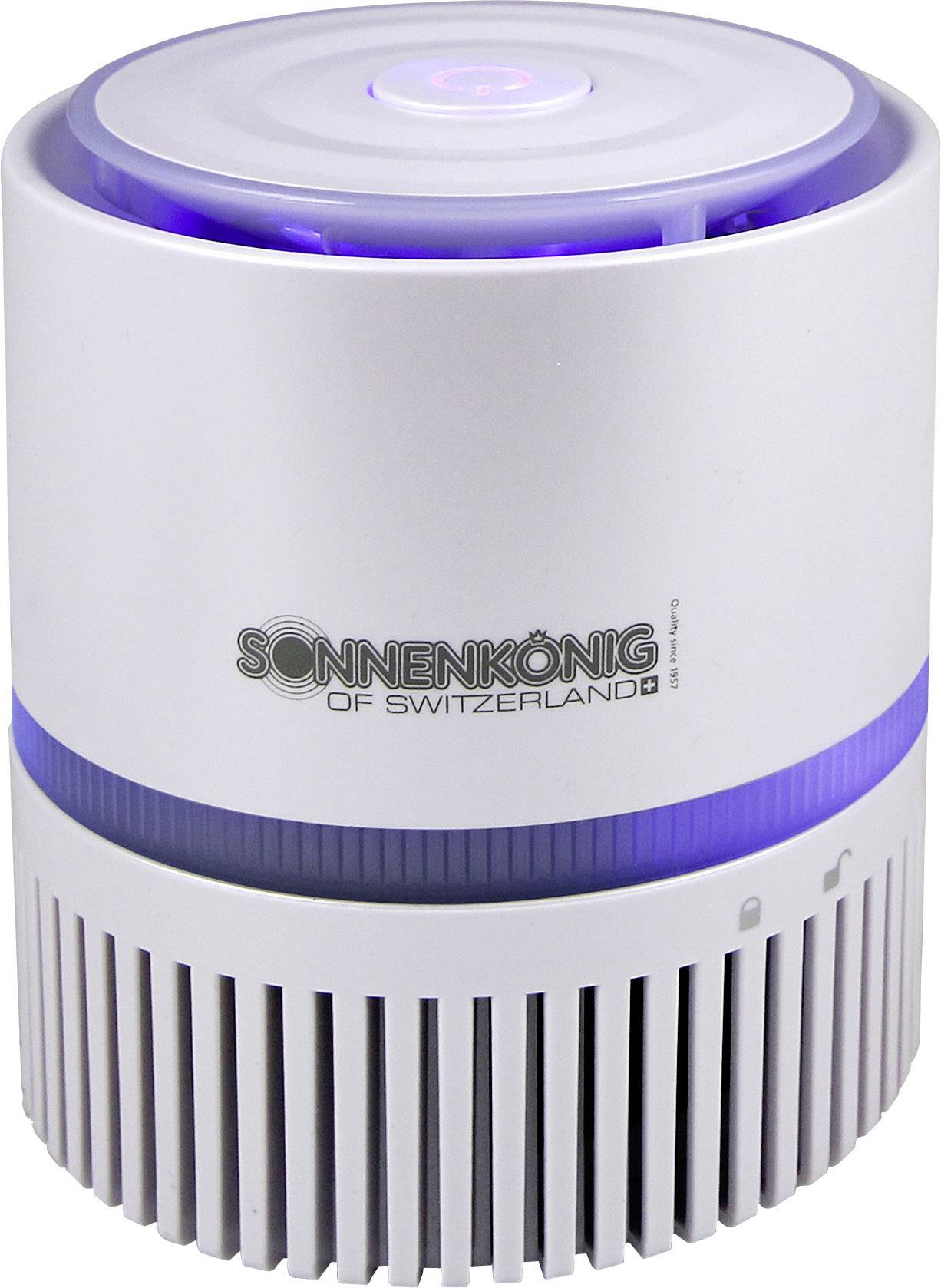 Un purificateur d'air blanc de la marque SONNENKÖNIG, avec un éclairage bleu. Forme compacte et cylindrique, adapté aux petits espaces.