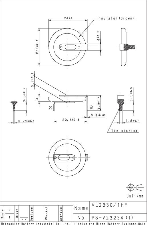 Dessin technique d'un isolateur avec dimensions en millimètres. En haut : Vue de dessus, vue de côté et vue détaillée d'une vis. En bas : Nom et numéro du modèle.
