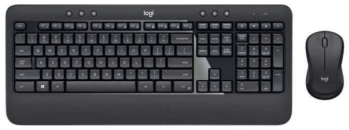 Ensemble clavier et souris sans fil noir de Logitech. Le clavier dispose d'une disposition complète avec pavé numérique et touches de fonction.