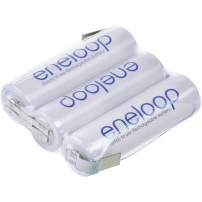Trois piles rechargeables AA eneloop blanches, posées côte à côte, avec inscription bleue et la mention « Ready to Use Rechargeable Battery ».