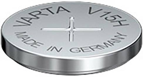 Pile bouton ronde en argent portant l'inscription « VARTA V15H Fabriqué en Allemagne ».