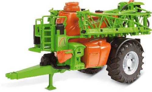 Un modèle d'un pulvérisateur agricole remorqué en vert et orange avec de grandes roues noires.