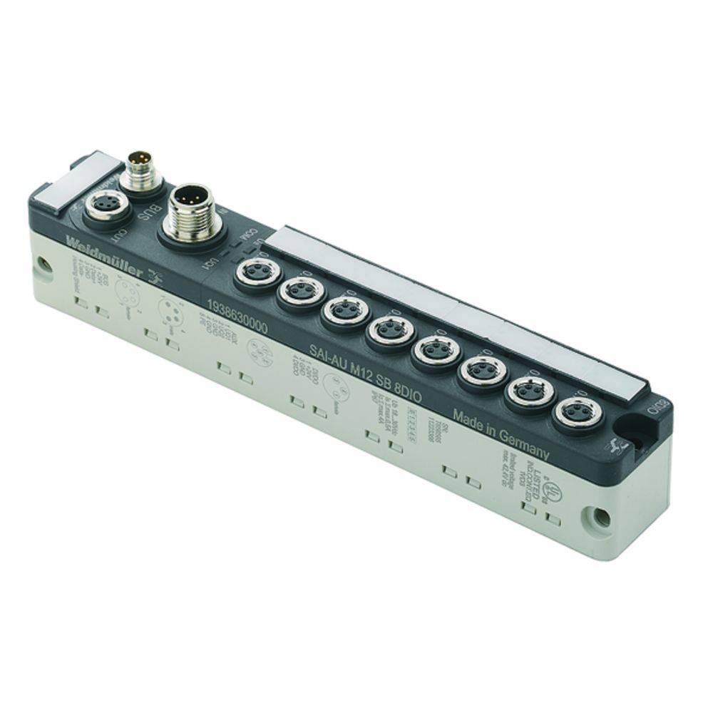 Module enfichable avec plusieurs connexions, comprenant des ports ronds et rectangulaires. Étiqueté 'Weidmüller' et 'Made in Germany'.