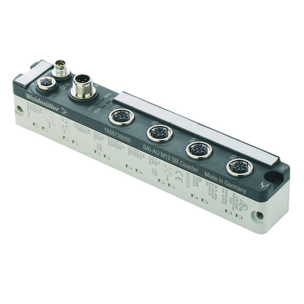 Un compteur Weidmüller SAIAU M12 SB, un dispositif électronique pour la connexion industrielle avec plusieurs prises de raccordement.