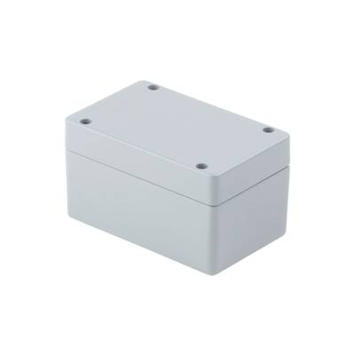 Boîtier rectangulaire gris avec quatre trous de vis, adapté pour le rangement ou la protection de composants électroniques.
