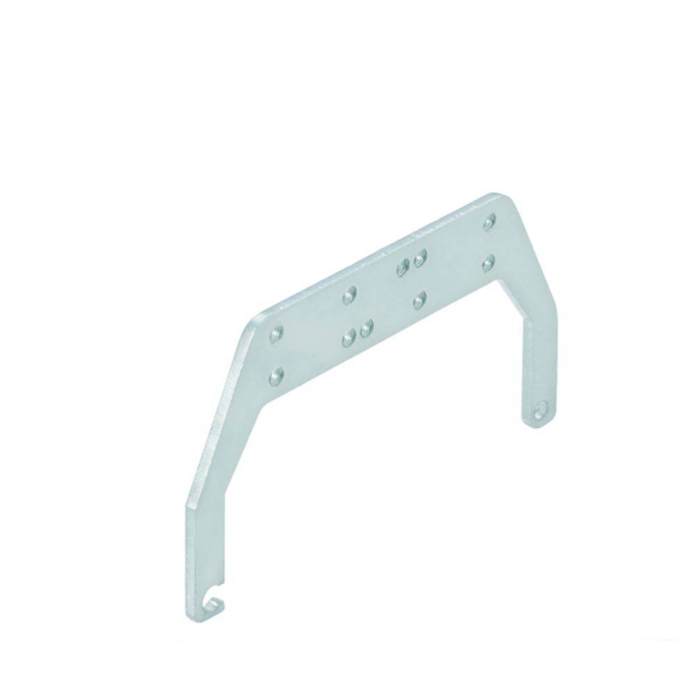 Équerre métallique en L avec plusieurs trous de vis, potentiellement utilisée pour la fixation ou le montage d'un objet sur une surface.