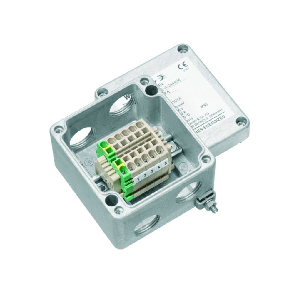 Boîtier de distribution en métal avec couvercle ouvert, montrant le bloc de bornes à l'intérieur ; adapté pour les installations électriques ; certifié IP66.
