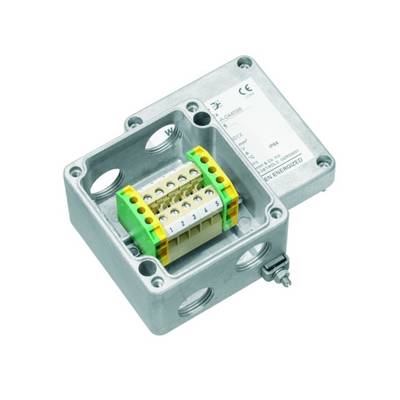 Boîte de connexion métallique avec plusieurs entrées de câbles et des bornes de couleur pour les connexions électriques.