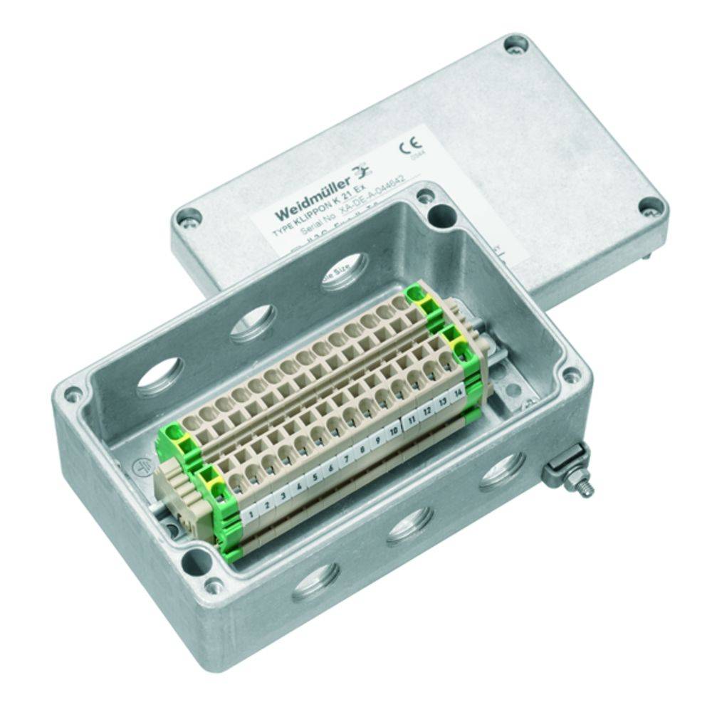 Pince métallique ouverte avec plusieurs bornes de connexion, dotée d'un boîtier de protection externe. Utilisée pour le câblage et la distribution électriques.