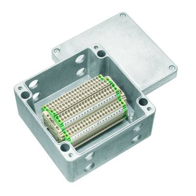 Boîtier métallique avec couvercle ouvert et bornes visibles, prêt pour les connexions électriques.