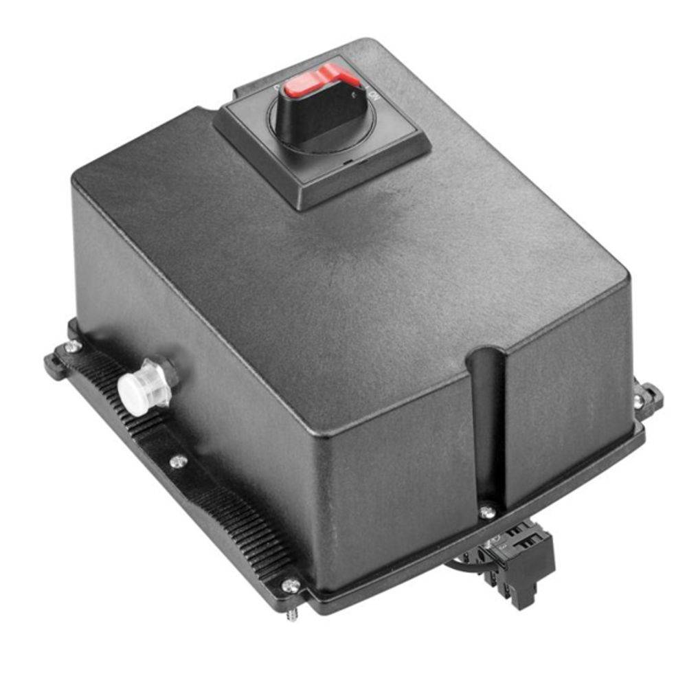 Appareil électronique noir avec un interrupteur à bascule rouge et des fiches de connexion, probablement un dispositif de commande ou une batterie.