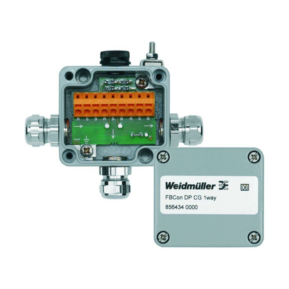 Dispositif électronique de connexion de câbles, ouvert avec des connexions et un circuit visible. Couvercle du boîtier portant l'inscription 'Weidmüller'.