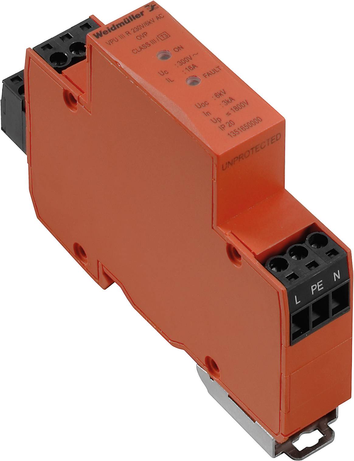 Un dispositif de protection contre les surtensions de couleur orange avec des connexions sur le dessus. Marqué 'Weidmüller' et portant des spécifications électriques.