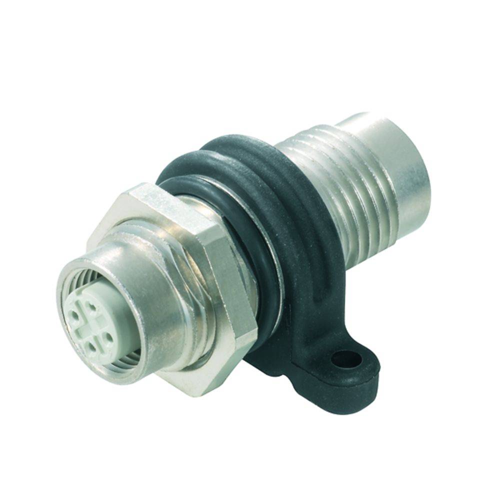 Un connecteur cylindrique argenté avec un élément en plastique noir, muni d'une connexion à huit pôles à une extrémité.