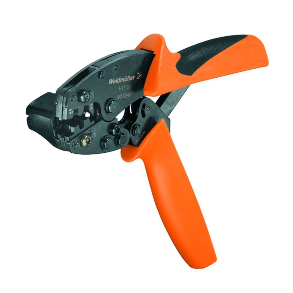 Outil de sertissage avec poignées orange pour connecter des câbles, le nom de marque 'Weidmüller' est visible.