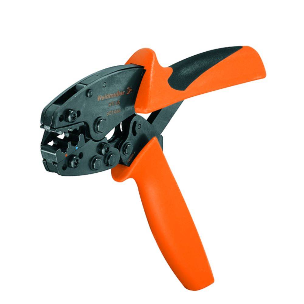 Pince à sertir avec poignée orange, adaptée pour connecter des câbles et des fiches lors de travaux électriques.