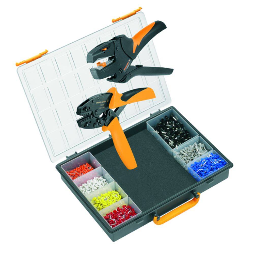 Une valise ouverte présente un ensemble de pinces à dénuder et de cosses de câble de différentes couleurs et tailles, soigneusement rangés dans des compartiments.