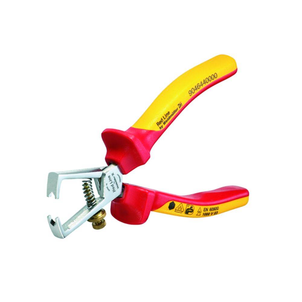 Pince à dénuder avec poignées jaune et rouge, spécialement conçue pour les câbles électriques. Design avec marquage de sécurité VDE pour professionnels.