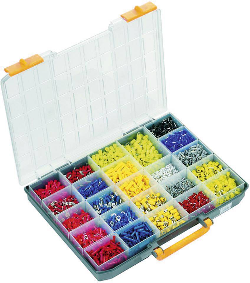 Boîte en plastique transparent avec plusieurs compartiments contenant des connecteurs de câbles multicolores en rouge, bleu, jaune et d'autres couleurs.