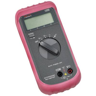 Multimètre numérique avec boîtier en caoutchouc rouge, affichage LCD, sélecteur rotatif pour le choix des fonctions et bornes pour fiches de câbles de mesure.