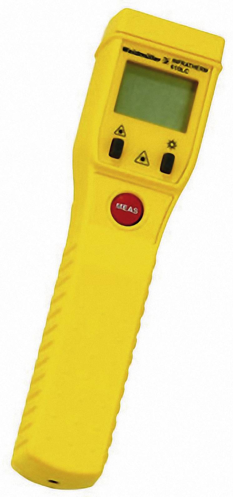 Appareil de mesure manuel jaune avec écran, deux boutons et un bouton rouge. Adapté pour mesurer et afficher des valeurs.