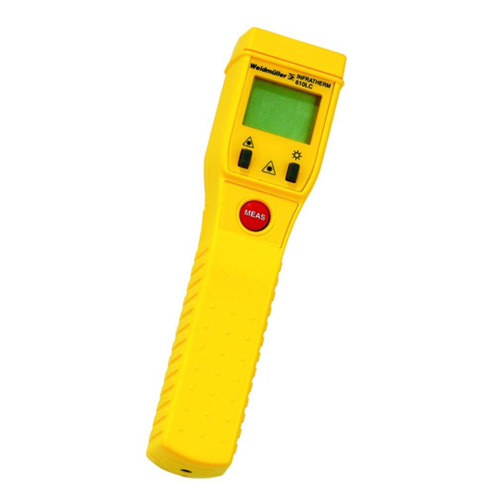 Un thermomètre infrarouge jaune avec affichage numérique indique la température. Il est équipé de touches de commande et d'une poignée ergonomique.